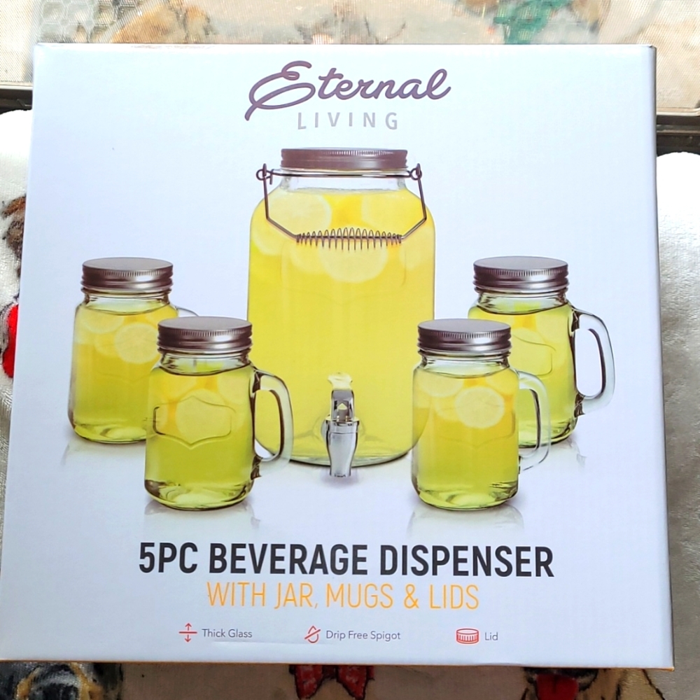 NIB 5 PC Beverahe Dispenser w/4jar mugs & lids
